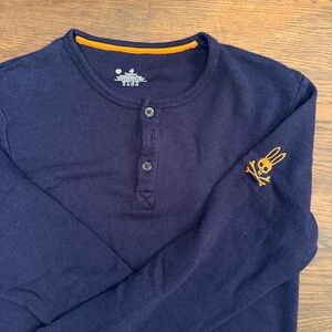 Psycho Bunny Dark Blue Henley with Orange Trim. Size Medium